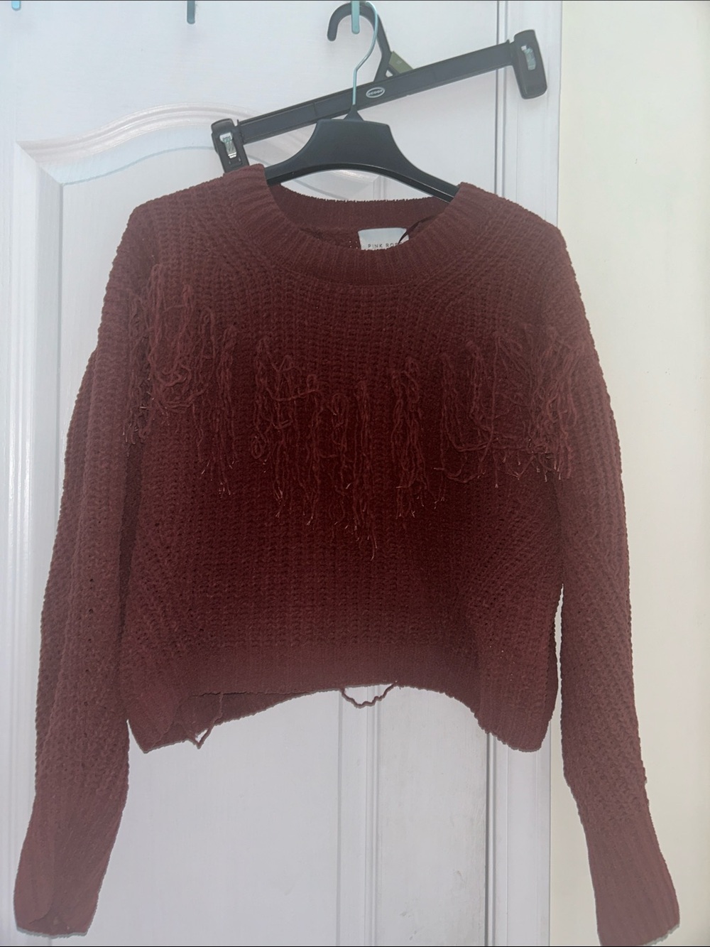 Pink Rose Burgundy Fringe Crewneck Sweater